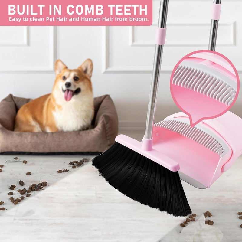 BSKLIN Broom and Dustpan Set Pink, Broom with Dustpan Combo Set for Home 52-in Long Adjustable Handle Dustpan Teeth to Clean Hair for Home Office Kitchen Lobby - Image 2